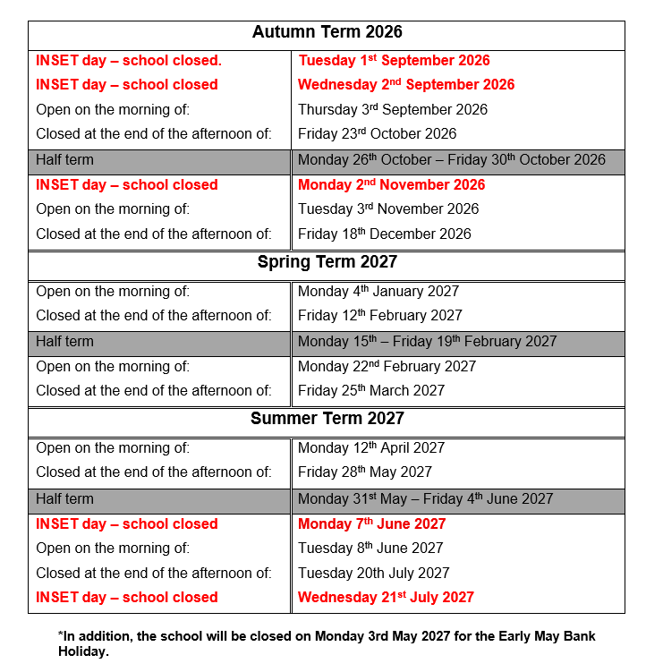 Term dates 2026 to 2027