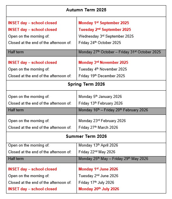 A list of the term dates for school year 2025 to 2026