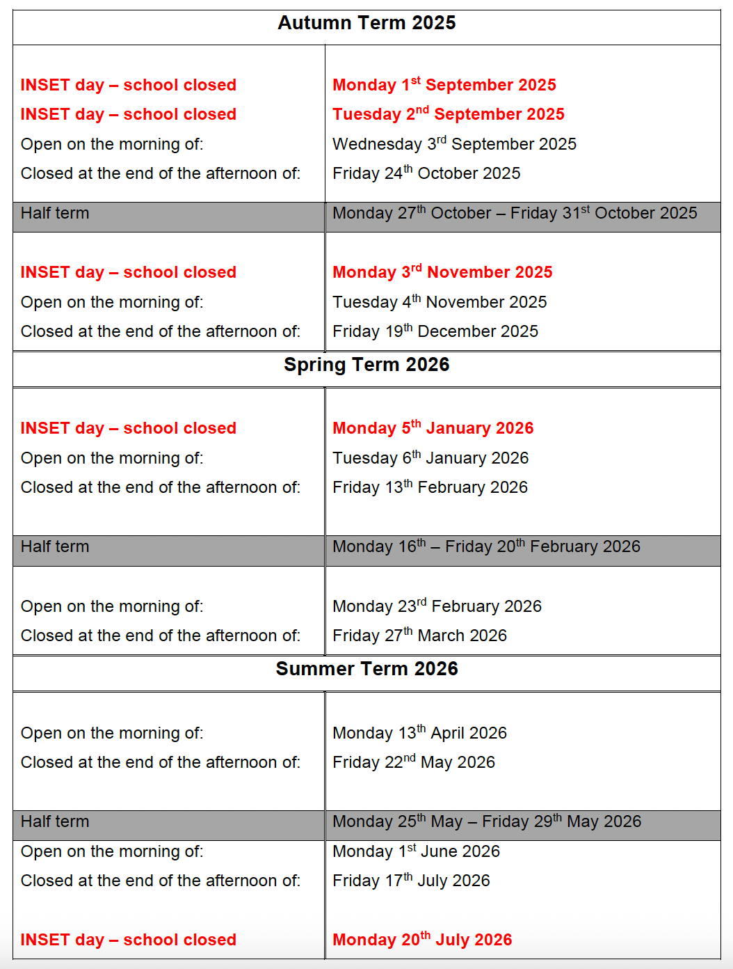 A list of the term dates for school year 2025 to 2026